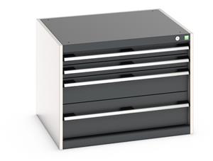 40028091.** Bott Cubio drawer cabinet with overall dimensions of 800mm wide x 750mm deep x 600mm high Cabinet consists of 2 x 75mm, 1 x 150mm and 1 x 200mm high drawers 100% extension drawer with internal dimensions of 675mm wide x 625mm deep. The drawers...